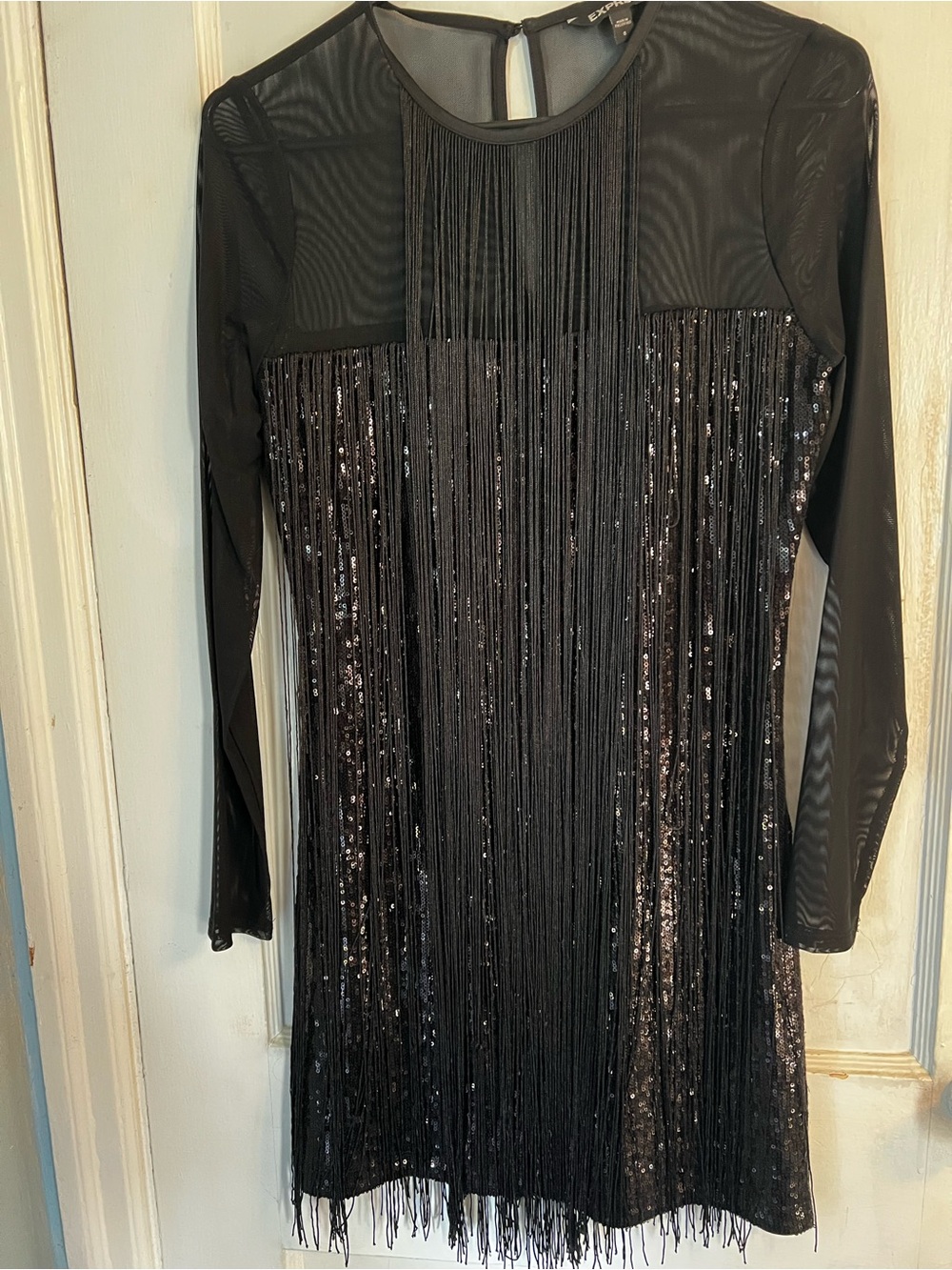Express Black Fringe Sequin Mesh Sleeve Long-Sleeve Dress